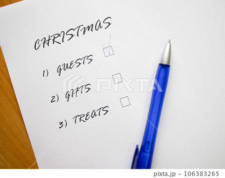 Checklist of new year holidays, text on a white sheet of paper next to a blue pen. Checklist of new year holidays, text on a white sheet of paper next to a blue pen. 106383265