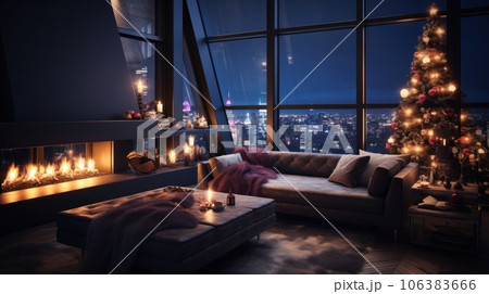 Interior of modern cozy luxurious loft style studio with Christmas decor. Blazing fireplace, burning candles, elegant Christmas tree, comfortable cushioned furniture, panoramic windows with city view. 106383666