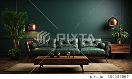 Front view of modern luxury living room. Emerald wall, hardwood floor, comfortable leather sofa, coffee table, floor lamps, plants in pots, home decor. Mockup, 3D rendering. 106383667