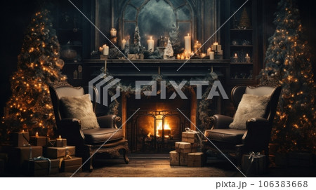 Interior of cozy classic living room with Christmas decor. Blazing fireplace, garlands and burning candles, elegant Christmas trees, gift boxes, vintage armchairs, bookcases. Christmas fairy tale. 106383668
