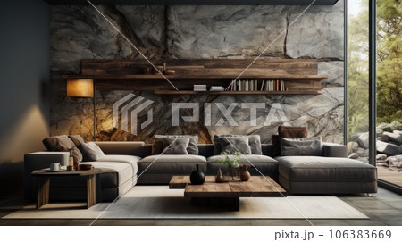 Interior of cozy modern luxury cottage. Stone wall, comfortable corner sofa with cushions, wooden coffee table, wooden floor. Panoramic windows with forest view. Eco home design. 106383669