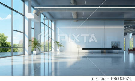 Interior of luxury empty open space office area in modern building. Glossy floor, white columns, plants in floor pots, huge floor-to-ceiling windows with urban landscape view. Template, 3D rendering. 106383670