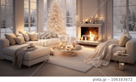 Interior of classic white living room with Christmas decor. Blazing fireplace, garlands and burning candles, elegant Christmas tree, comfortable cushioned furniture, large windows with forest view. 106383672