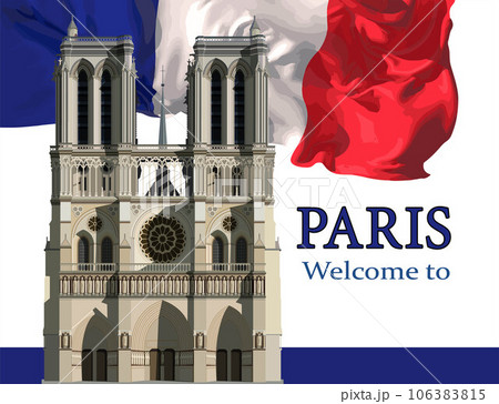 Notre-Dame on the background of the French flag. Vector. 106383815