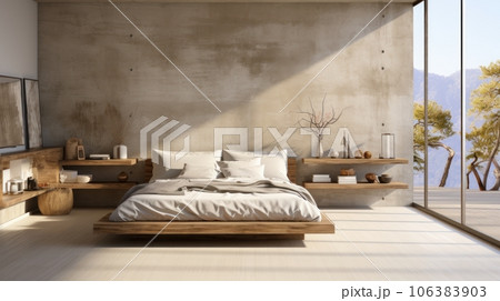 Minimalist interior of modern luxury loft bedroom. Concrete walls, rough wooden bed and side tables, decorative vases, home decor, floor-to-ceiling window with garden view. Template, 3D rendering. 106383903