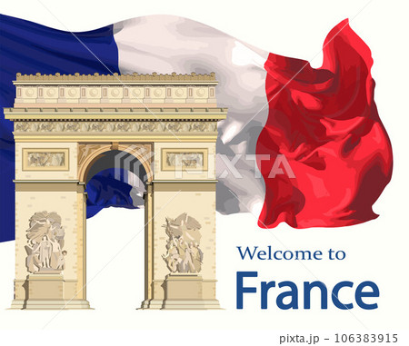 Arc de Triomphe in Paris against the background of the flag of France. Vector. Arc de Triomphe in Paris against the background of the flag of France. Vector. 106383915