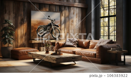 Interior of spacy loft style living room in apartment or cottage. Rough wood wall with large poster, leather cushioned furniture, wooden coffee table, large panoramic window. Contemporary home design. Interior of spacy loft style living room in apartment or cottage. Rough wood wall with large poster, leather cushioned furniture, wooden coffee table, large panoramic window. Contemporary home design. 106383922