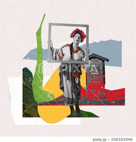 Young woman, ukrainian girl looking out from picture frame. Country view, traditions. Contemporary art collage. 106383946