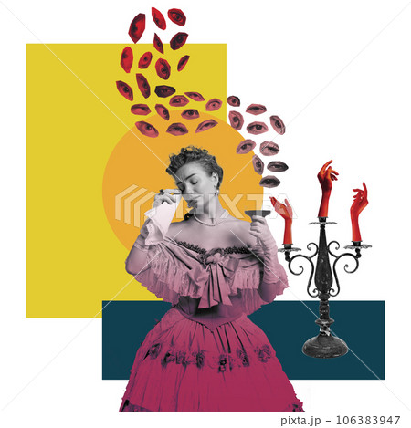 Beautiful woman, medieval royal person, queen standing with wine glass and crying. Contemporary art collage. Beautiful woman, medieval royal person, queen standing with wine glass and crying. Contemporary art collage. 106383947