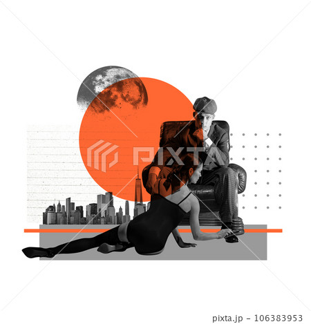 Passion. Man in retro style clothes sitting on chair with woman lying near his legs. Contemporary art collage. Passion. Man in retro style clothes sitting on chair with woman lying near his legs. Contemporary art collage. 106383953