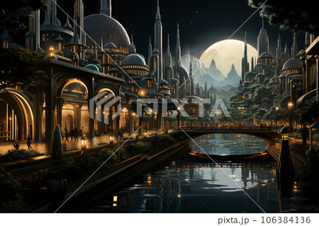 Metropolis by the Water's Edge. Nighttime Digital Painting 106384136