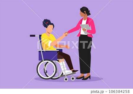 Character flat drawing disability employment responsibility, work for disabled people. Active disable woman sit in wheelchair shaking hand with colleague in office. Cartoon design vector illustration 106384258