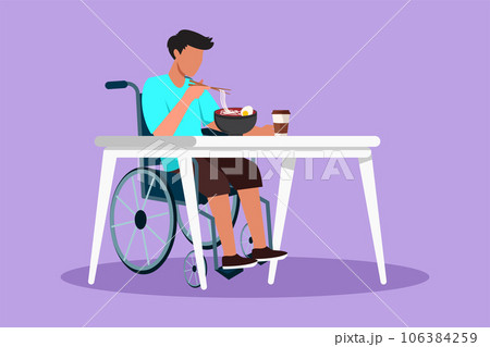 Character flat drawing young male patient in wheelchair eating ramen or noodle food and sitting at table. Having lunch, snack in cafe. Society and disabled people. Cartoon design vector illustration 106384259