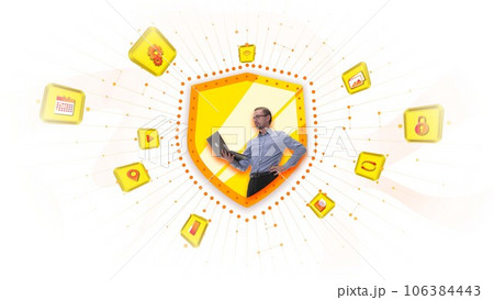 Businessman standing in security symbol, working on laptop, developing secure internet access. Contemporary art collage. 106384443