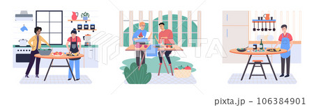 People cooking vegetarian food. Vector illustration. Fresh and healthy food. Vegetarian nutrition. Man woman dining, eat food and bake. Happy culinary. Lady at stove alone. Making dishes for holiday 106384901