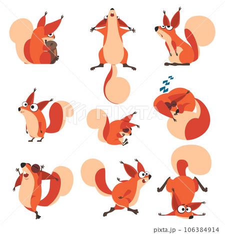 Cute Squirrel with Bushy Tail in Different Action with Emotion Vector Set Cute Squirrel with Bushy Tail in Different Action with Emotion Vector Set 106384914