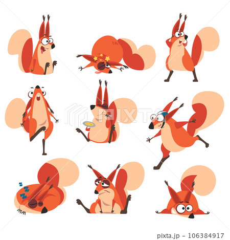 Cute Squirrel with Bushy Tail in Different Action with Emotion Vector Set 106384917