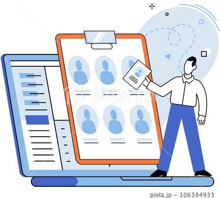 HR Human Resources department work. HR manager looking for new job candidate and reviews questionnaires, resumes of people. Recruitment, headhunting and employment, search for new employee in team 106384933