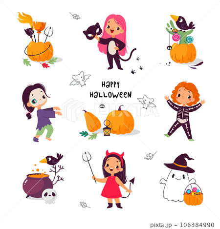 Happy Girl Character at Halloween Party Celebration Vector Illustration Set Happy Girl Character at Halloween Party Celebration Vector Illustration Set 106384990