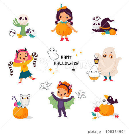 Happy Boy and Girl Character at Halloween Party Celebration Vector Illustration Set Happy Boy and Girl Character at Halloween Party Celebration Vector Illustration Set 106384994