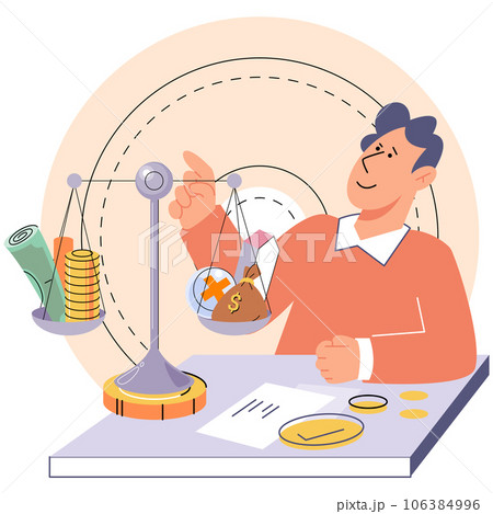 Financial plan or budget planning. Yearly expense management, deposits, tax payments. Man analyzes profit weighing earnings on scales, income and expenses money. Banking safety, profit increase Financial plan or budget planning. Yearly expense management, deposits, tax payments. Man analyzes profit weighing earnings on scales, income and expenses money. Banking safety, profit increase 106384996