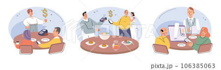 Cashless payment. Vector illustration. NFC technology allows for seamless communication between devices for contactless transactions Wireless payment systems eliminate need for swiping or inserting Cashless payment. Vector illustration. NFC technology allows for seamless communication between devices for contactless transactions Wireless payment systems eliminate need for swiping or inserting 106385063