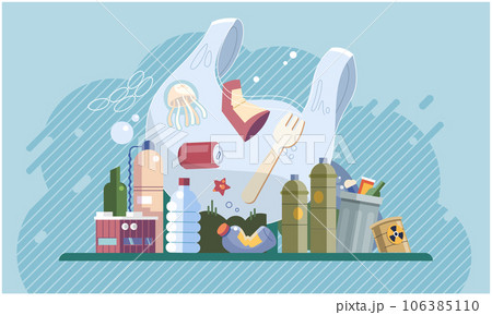 Plastic and organic waste, industrial emissions from factories. Bags and bottles garbage in city street. Harm to environment, pollution of ecology. Scene pile of waste flat vector illustration Plastic and organic waste, industrial emissions from factories. Bags and bottles garbage in city street. Harm to environment, pollution of ecology. Scene pile of waste flat vector illustration 106385110