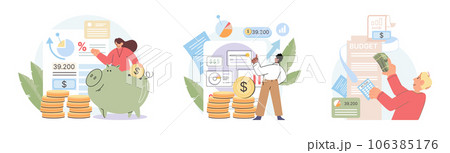 People analysis budget. Calculate financial plan of save income and expense management. Business people accountants, spreadsheet producing reports. Income increase strategy. Budget planning, balanced 106385176