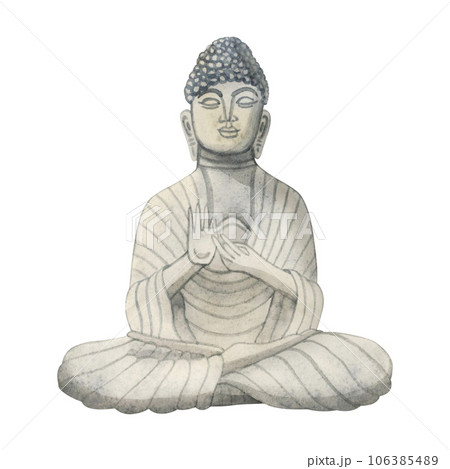 Buddha stone statue hand drawn watercolor illustration isolated on white background. Meditation element for yoga and buddhism designs 106385489