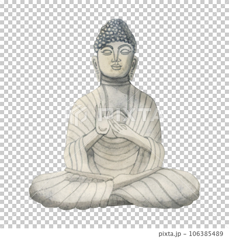 Buddha stone statue hand drawn watercolor illustration isolated on white background. Meditation element for yoga and buddhism designs 106385489