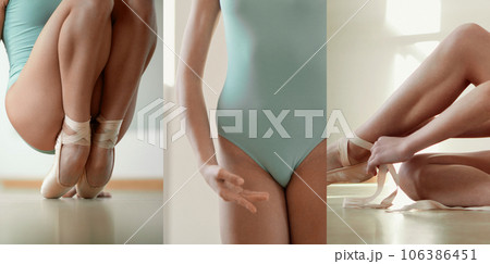 Collage. Cropped image of tender ballerina body in bodysuits and slim legs wearing pointe. Ballet class 106386451