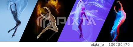 Collage. Elegant man and women, ballet dancers making creative and beautiful dance performance in neon light Collage. Elegant man and women, ballet dancers making creative and beautiful dance performance in neon light 106386470