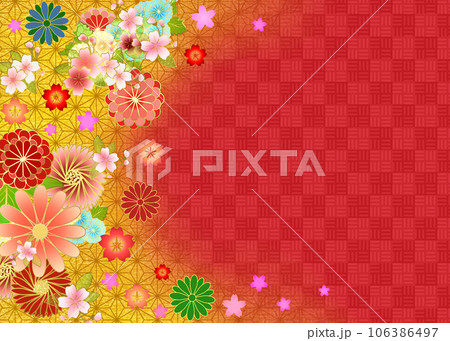 花の和風背景　麻の葉と市松模様 106386497