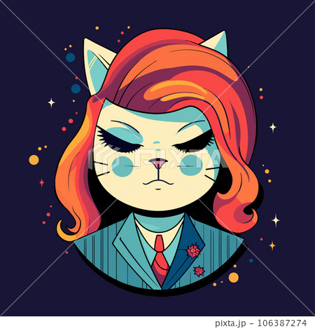 Anthropomorphic portrait of a cat woman wearing business clothing in the office. Vector illustration of a cute zoomorphic animal as a businesswoman 106387274