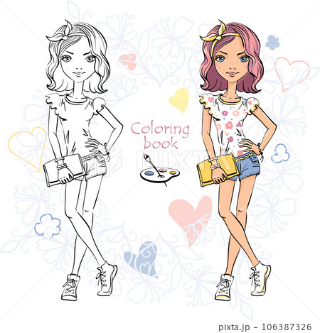 Vector Coloring Book of cute girl Vector Coloring Book of cute girl 106387326