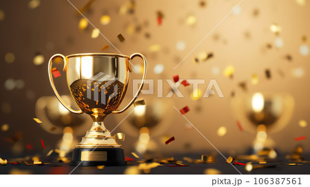 Golden Trophy Award with Falling Confetti on Gold Background - Celebrating Success and Achievement with Copy Space for Text. created with Generative AI 106387561