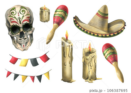 Human skull with drawn ornament with sombrero hat, maracas, candles, flag garlands. Hand drawn watercolor illustration for Halloween, day of the dead, Dia de los muertos. Set of isolated elements 106387695