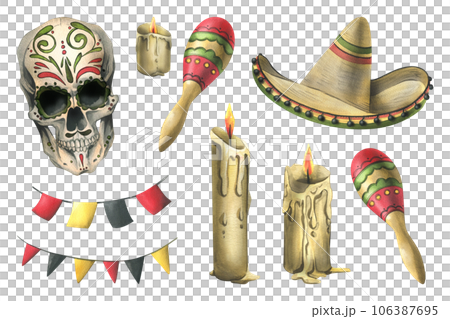 Human skull with drawn ornament with sombrero hat, maracas, candles, flag garlands. Hand drawn watercolor illustration for Halloween, day of the dead, Dia de los muertos. Set of isolated elements 106387695