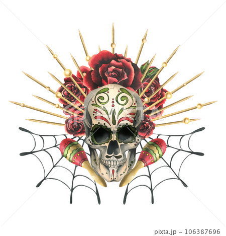Human skull with an ornament, in a golden crown with rays, with red roses, cobwebs and maracas. Hand drawn watercolor illustration for day of the dead, halloween, Dia de los muertos 106387696