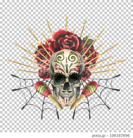 Human skull with an ornament, in a golden crown with rays, with red roses, cobwebs and maracas. Hand drawn watercolor illustration for day of the dead, halloween, Dia de los muertos 106387696