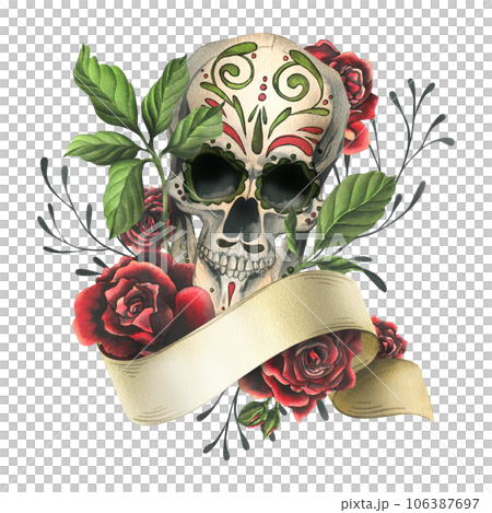 Human skull with hand drawn ornament with ribbon for text, red roses. Hand drawn watercolor illustration for Halloween, day of the dead, Dia de los muertos. Isolated composition on a white background. 106387697
