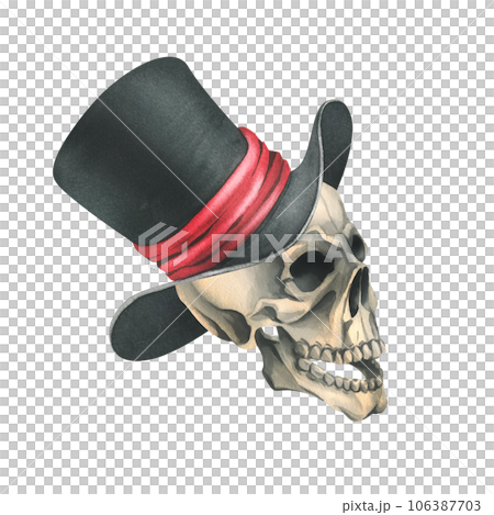 A human skull in a black top hat with a red ribbon. Hand drawn watercolor illustration for day of the dead, halloween, Dia de los muertos. Isolated object on a white background 106387703