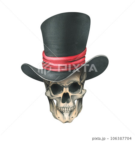 A human skull in a black top hat with a red ribbon. Hand drawn watercolor illustration for day of the dead, halloween, Dia de los muertos. Isolated object on a white background 106387704