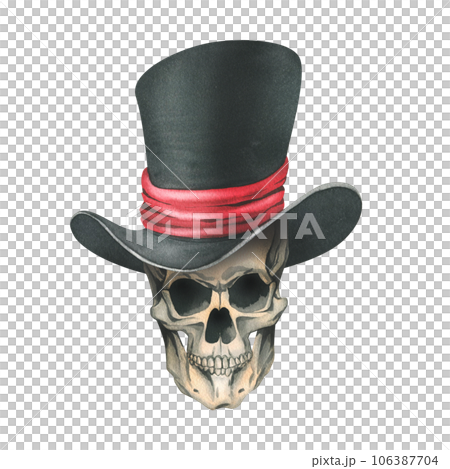 A human skull in a black top hat with a red ribbon. Hand drawn watercolor illustration for day of the dead, halloween, Dia de los muertos. Isolated object on a white background 106387704