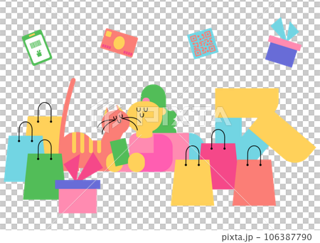 Woman enjoying shopping with her cat at home 106387790