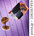 Chocolate muffin with chocolate drops, flies out of the package, purple background. 106387959