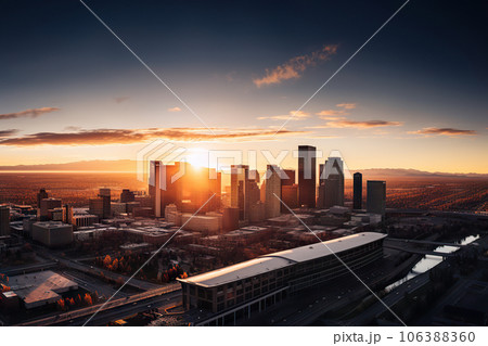 A Captivating Aerial Drone Photo City at Sunset with Spectacular Skyline Views. created with Generative AI 106388360