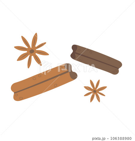 Spices elements for kitchen. Flat hand drawn spices with texture vector illustration. Anise and cinnamon. Cute elements for spice shop. Autumn dishes concept. Spices elements for kitchen. Flat hand drawn spices with texture vector illustration. Anise and cinnamon. Cute elements for spice shop. Autumn dishes concept. 106388980