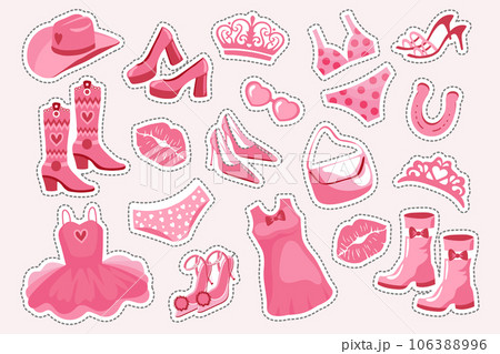 Barbiecore Princess sticker set. Pink fashion set, accessories and clothes for a pink doll. Crown, dress, shoes, cowboy hat, boots, bag, glasses. Vector 106388996