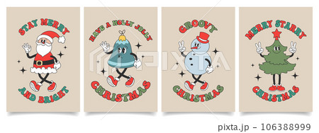 Set of Christmas cards with retro Groovy hippie characters. Snowman, Santa Claus, Christmas tree, jingle bell. Holiday illustrations in trendy cartoon style. Vector 106388999